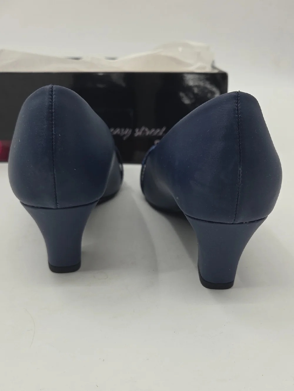 easy street Cristiny Navy Low Block Heel Pump with Glitter Straps